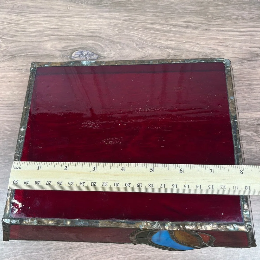 Stained Glass Vanity Catch Tray Red Art Deco Floral Catchall Dish